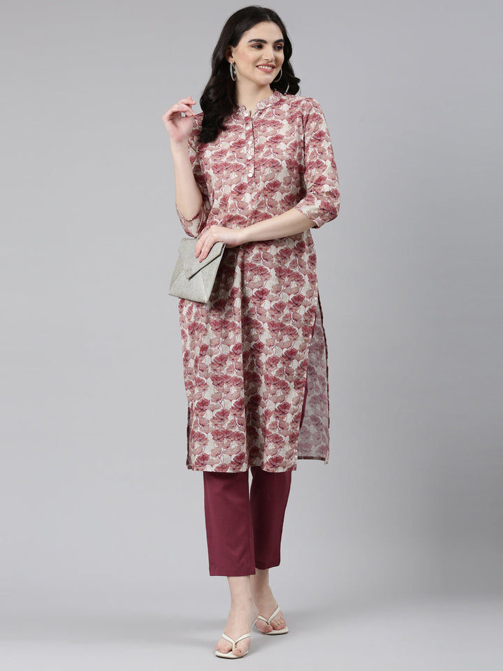 Neerus Pink printed straight kurta set with trouser - detail view 2