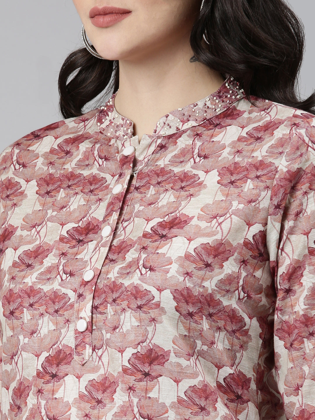 Neerus Pink printed straight kurta set with trouser - detail view 1