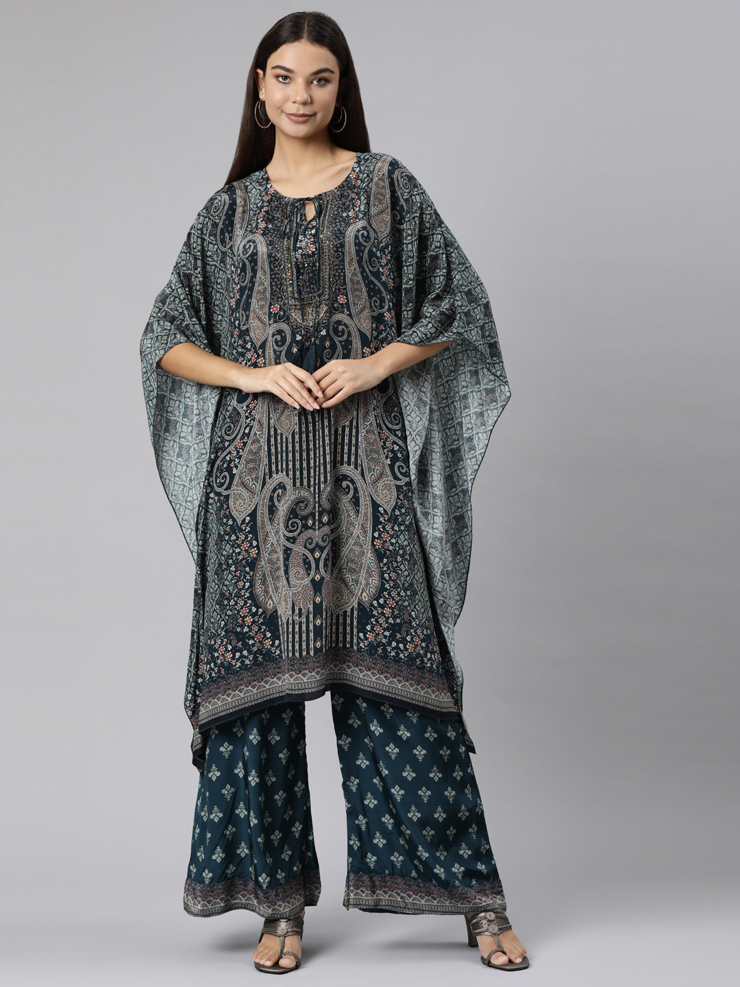 Neerus Green silk printed high-low kurta set with palazzo - front view