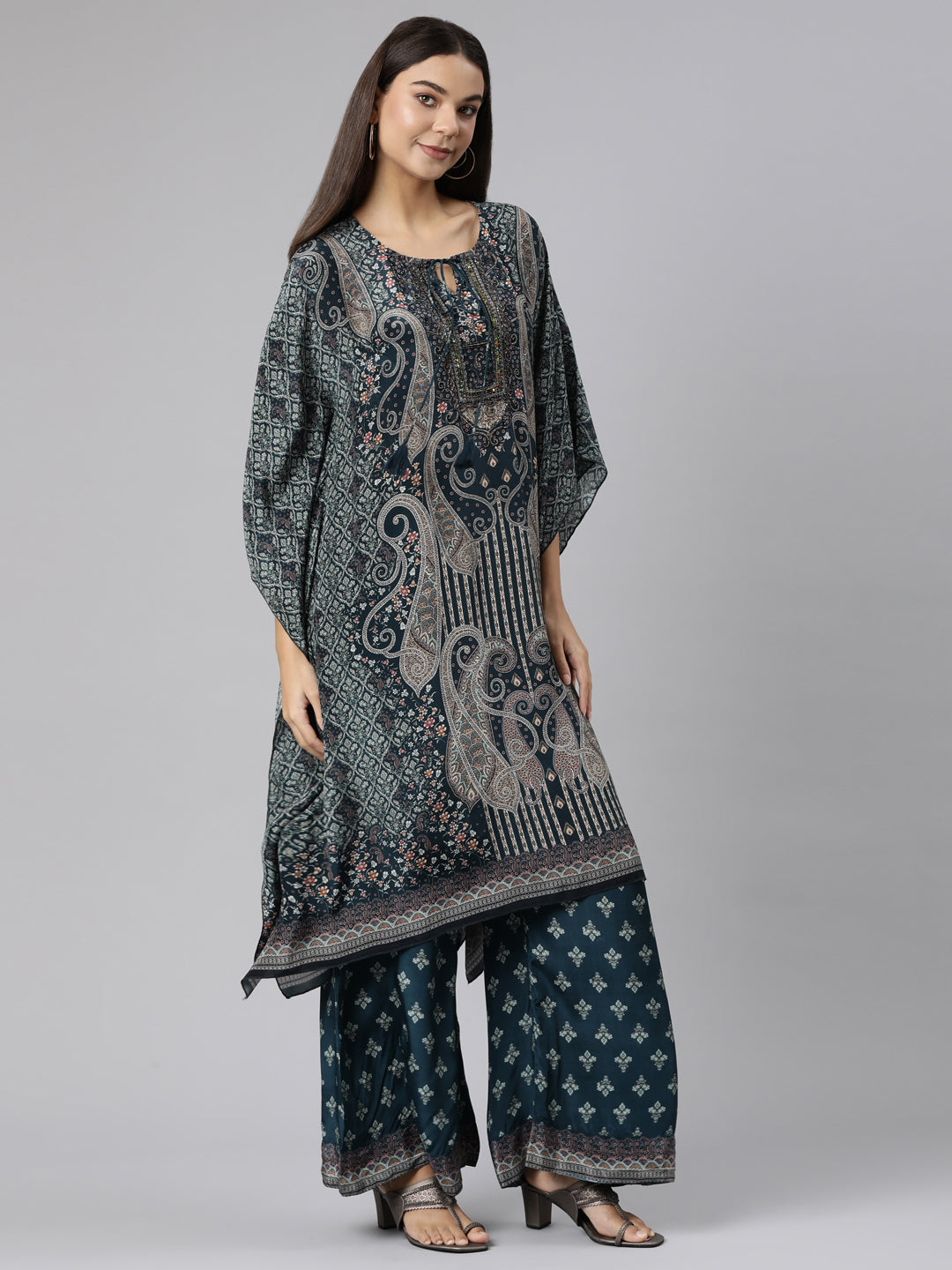 Neerus Green silk printed high-low kurta set with palazzo - back view