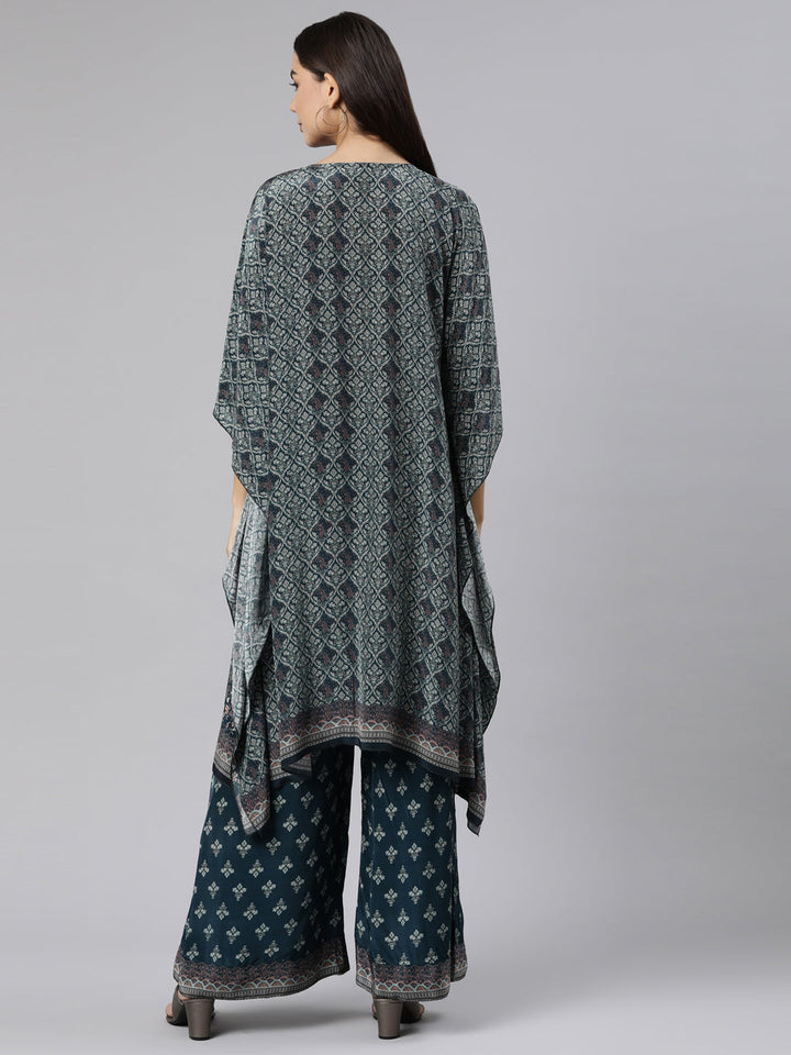 Neerus Green silk printed high-low kurta set with palazzo - side view