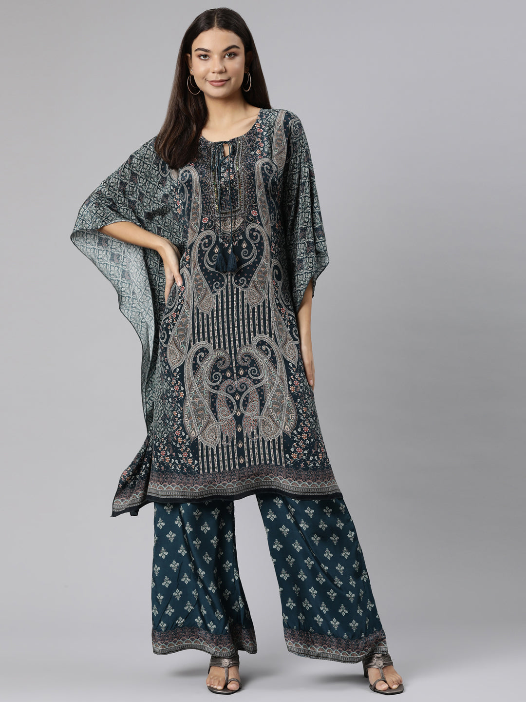 Neerus Green silk printed high-low kurta set with palazzo - detail view 2