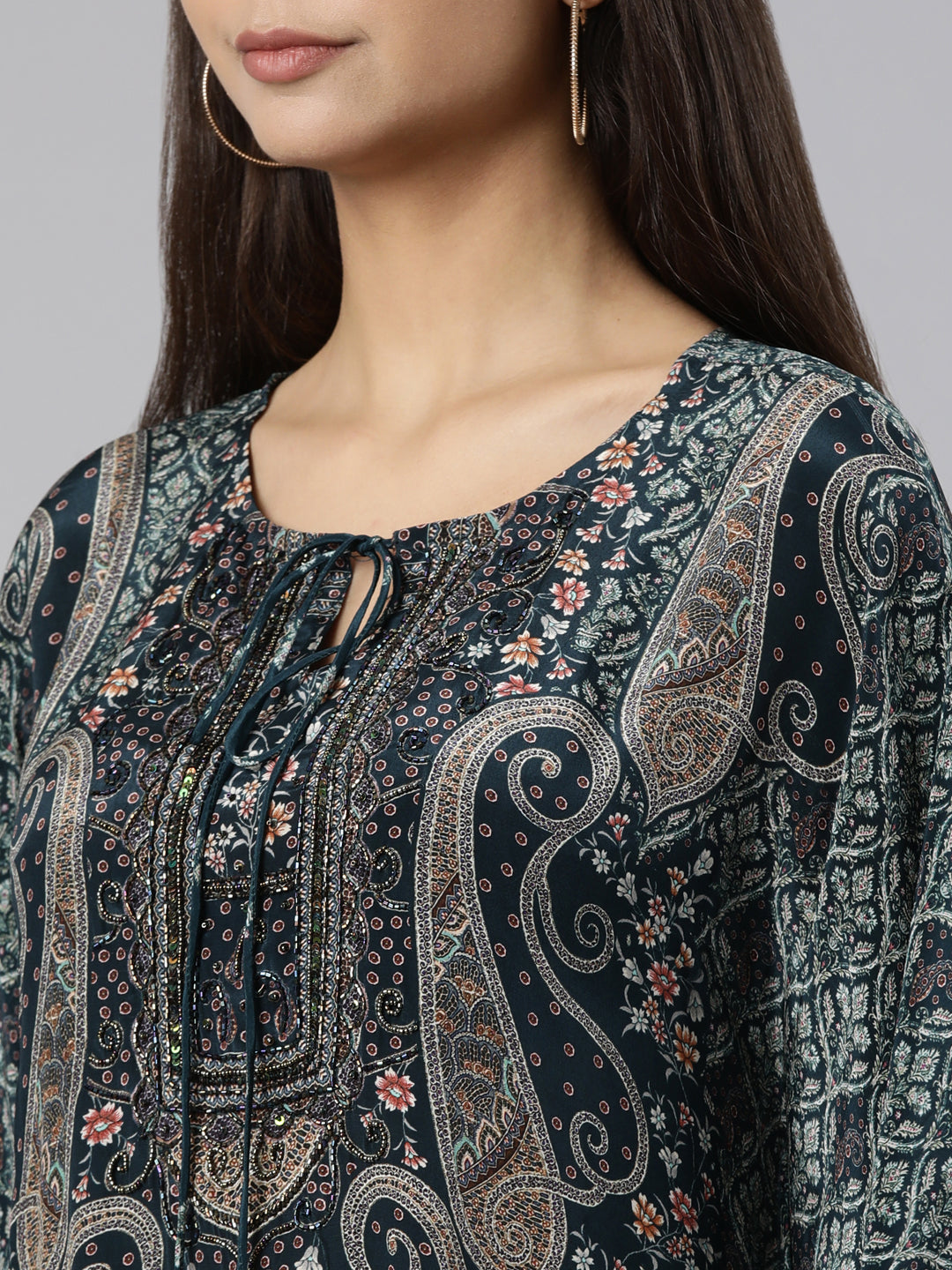 Neerus Green silk printed high-low kurta set with palazzo - detail view 1