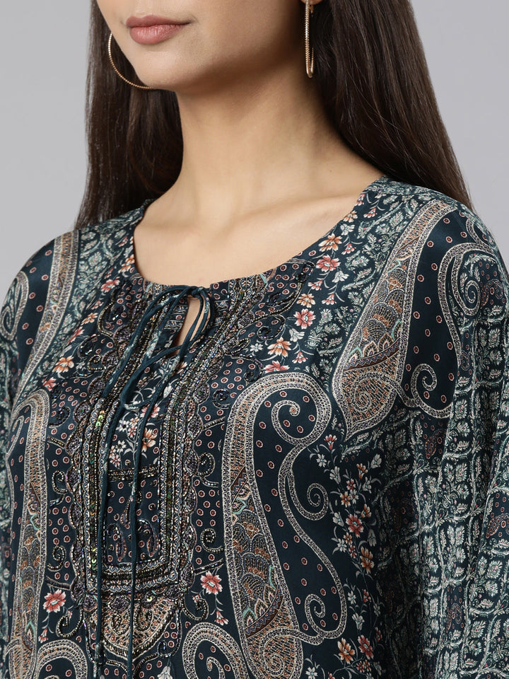 Neerus Green silk printed high-low kurta set with palazzo - detail view 1