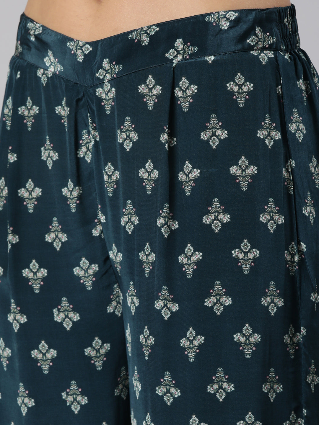Neerus Green silk printed high-low kurta set with palazzo - detail view 3