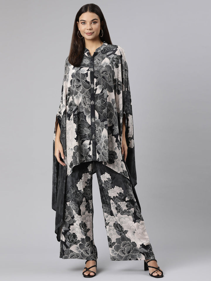 Neerus Grey Regular High-Low Floral Kaftan Kurta Palazzos