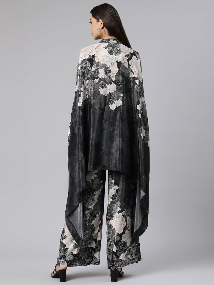 Neerus Grey Regular High-Low Floral Kaftan Kurta Palazzos