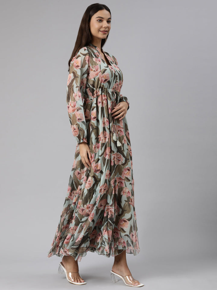 Neerus Sea Green Flared Casual Floral Dresses