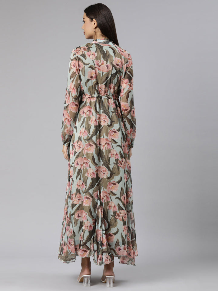 Neerus Sea Green Flared Casual Floral Dresses