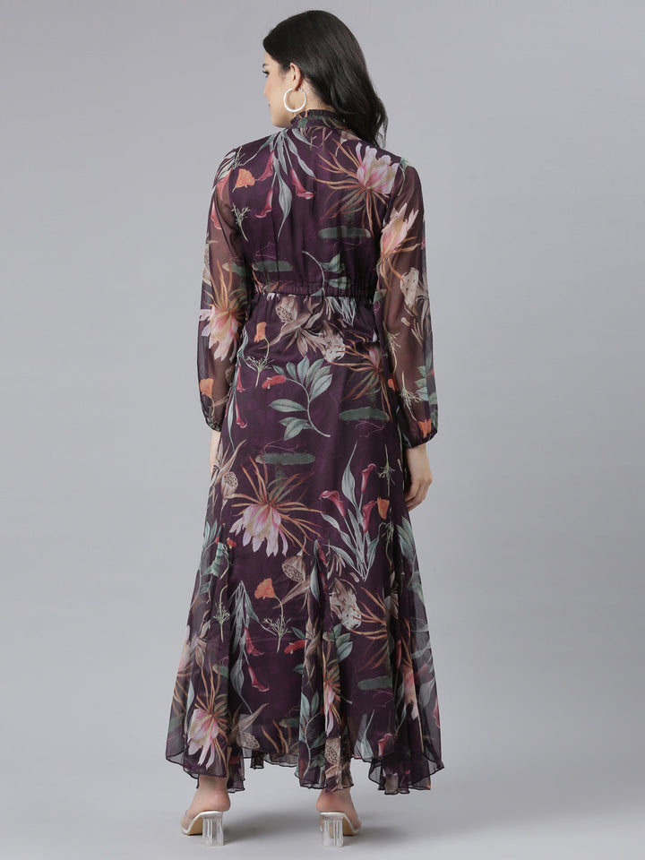 Neerus Purple Flared Casual Floral Dresses