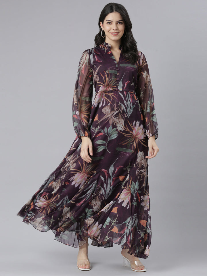 Neerus Purple Flared Casual Floral Dresses