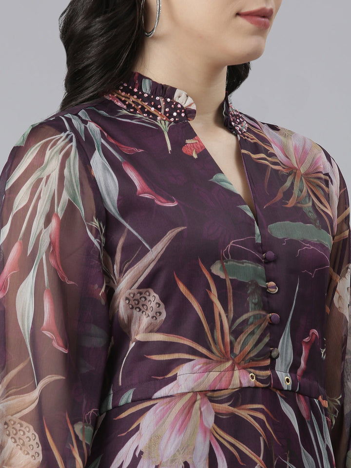 Neerus Purple Flared Casual Floral Dresses