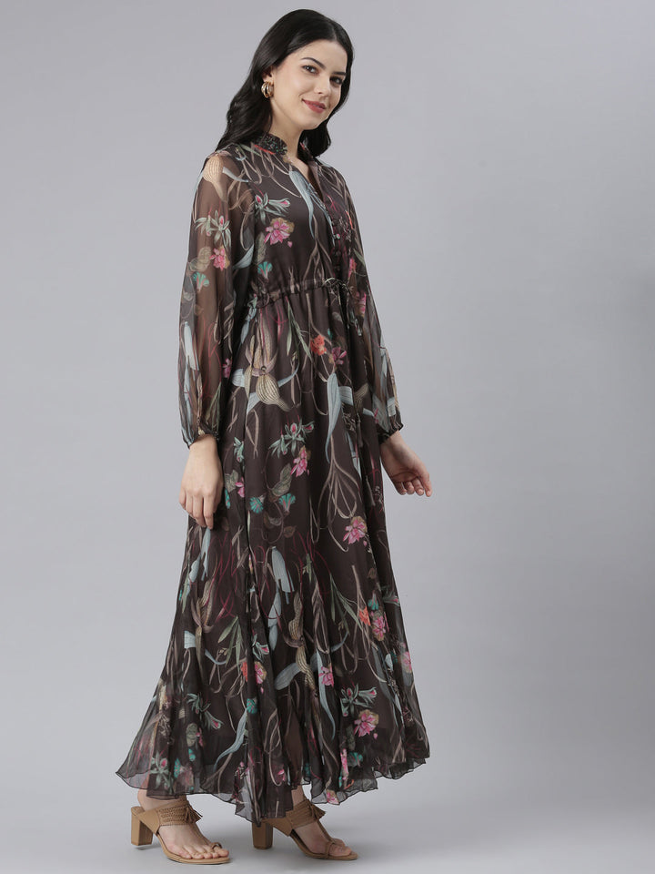 Neerus Grey Flared Casual Floral Dresses