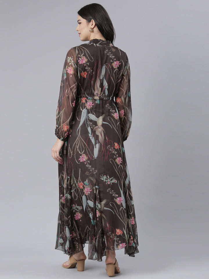 Neerus Grey Flared Casual Floral Dresses