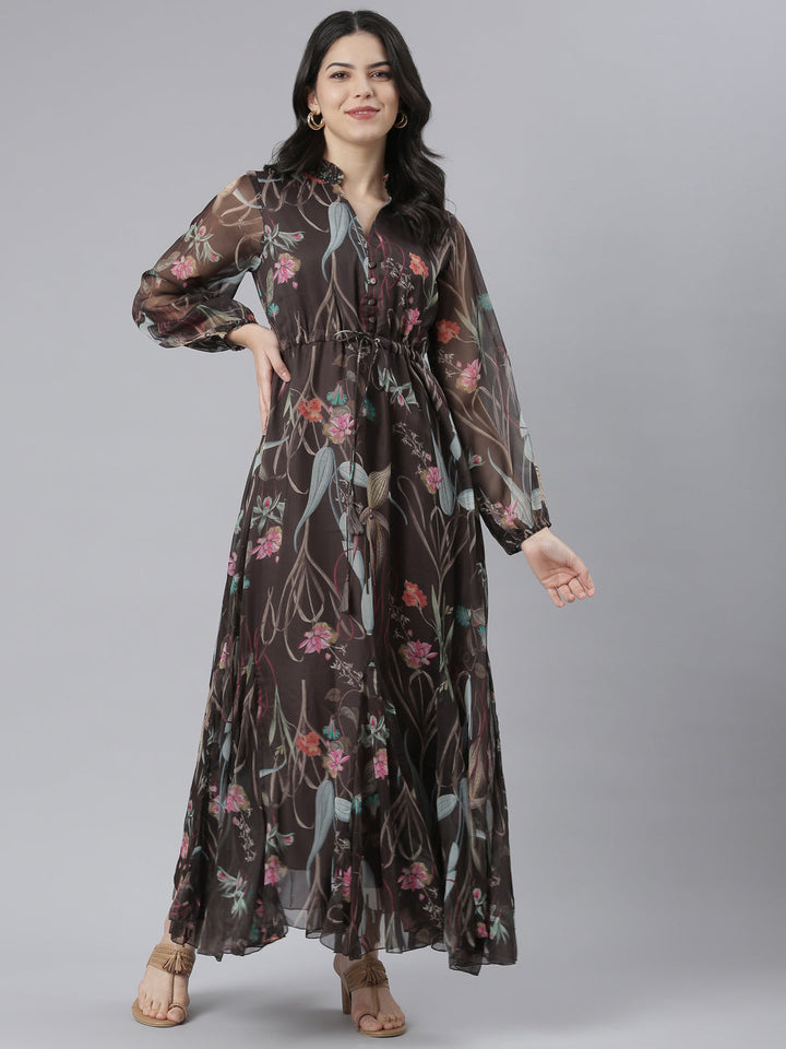 Neerus Grey Flared Casual Floral Dresses