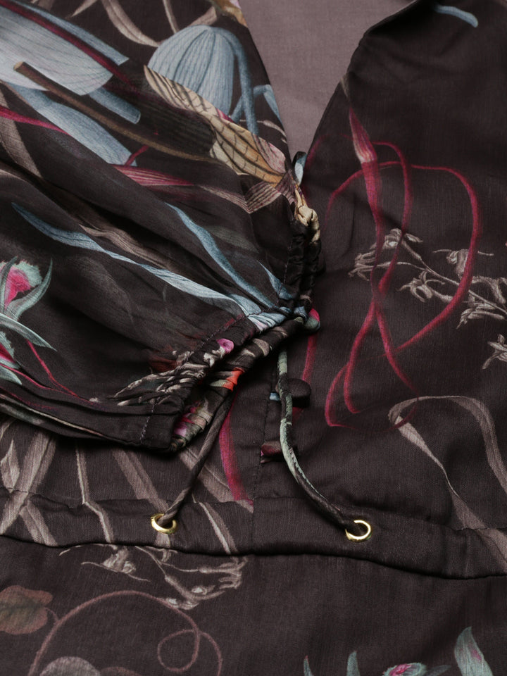 Neerus Grey Flared Casual Floral Dresses