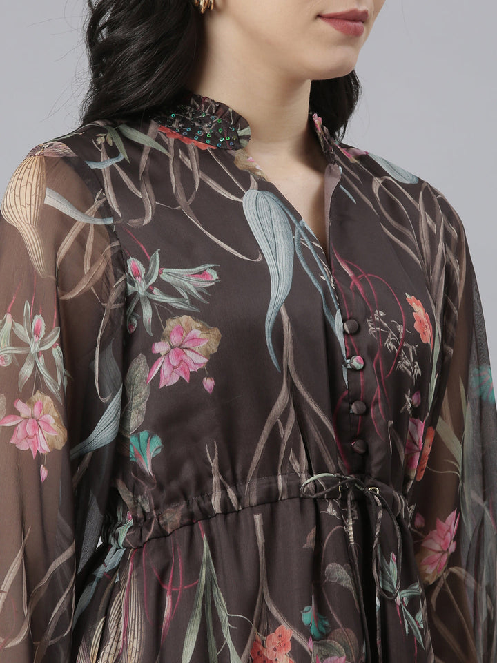 Neerus Grey Flared Casual Floral Dresses