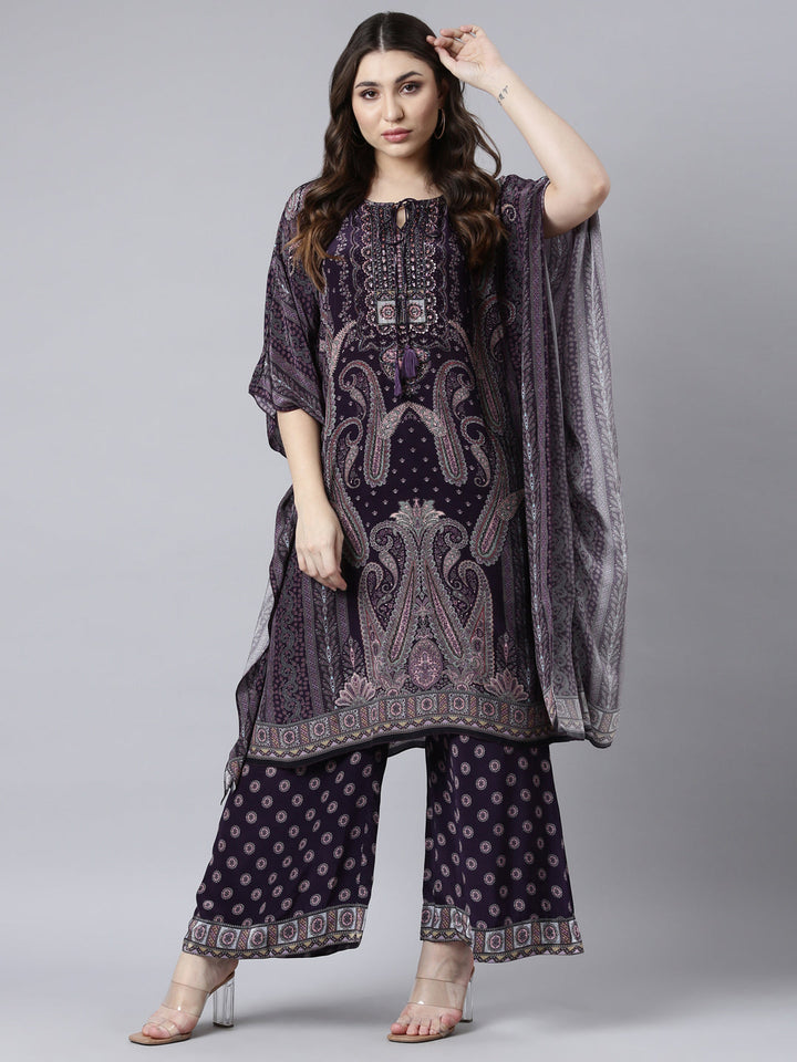 Neerus Purple silk printed kurta set with palazzo - detail view 2