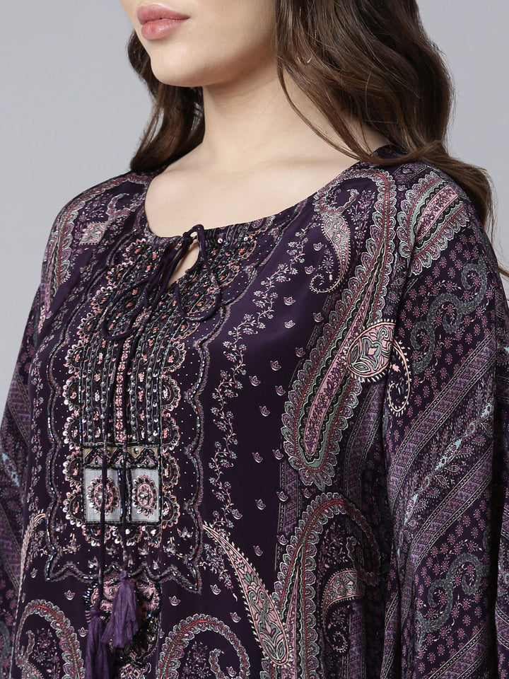 Neerus Purple silk printed kurta set with palazzo - detail view 1