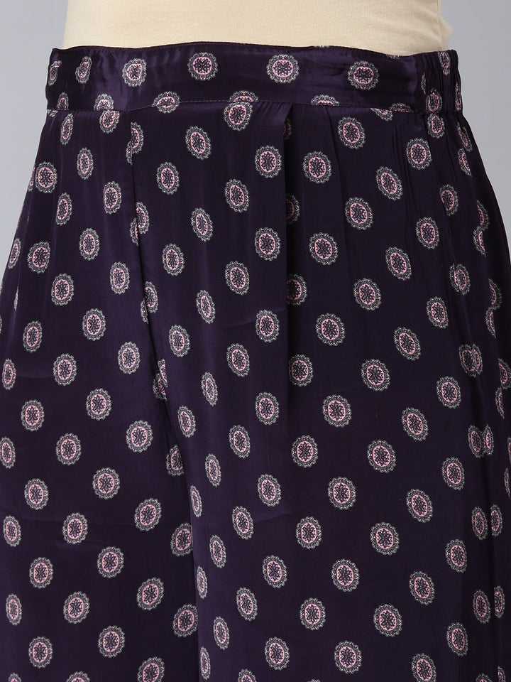 Neerus Purple silk printed kurta set with palazzo - detail view 3