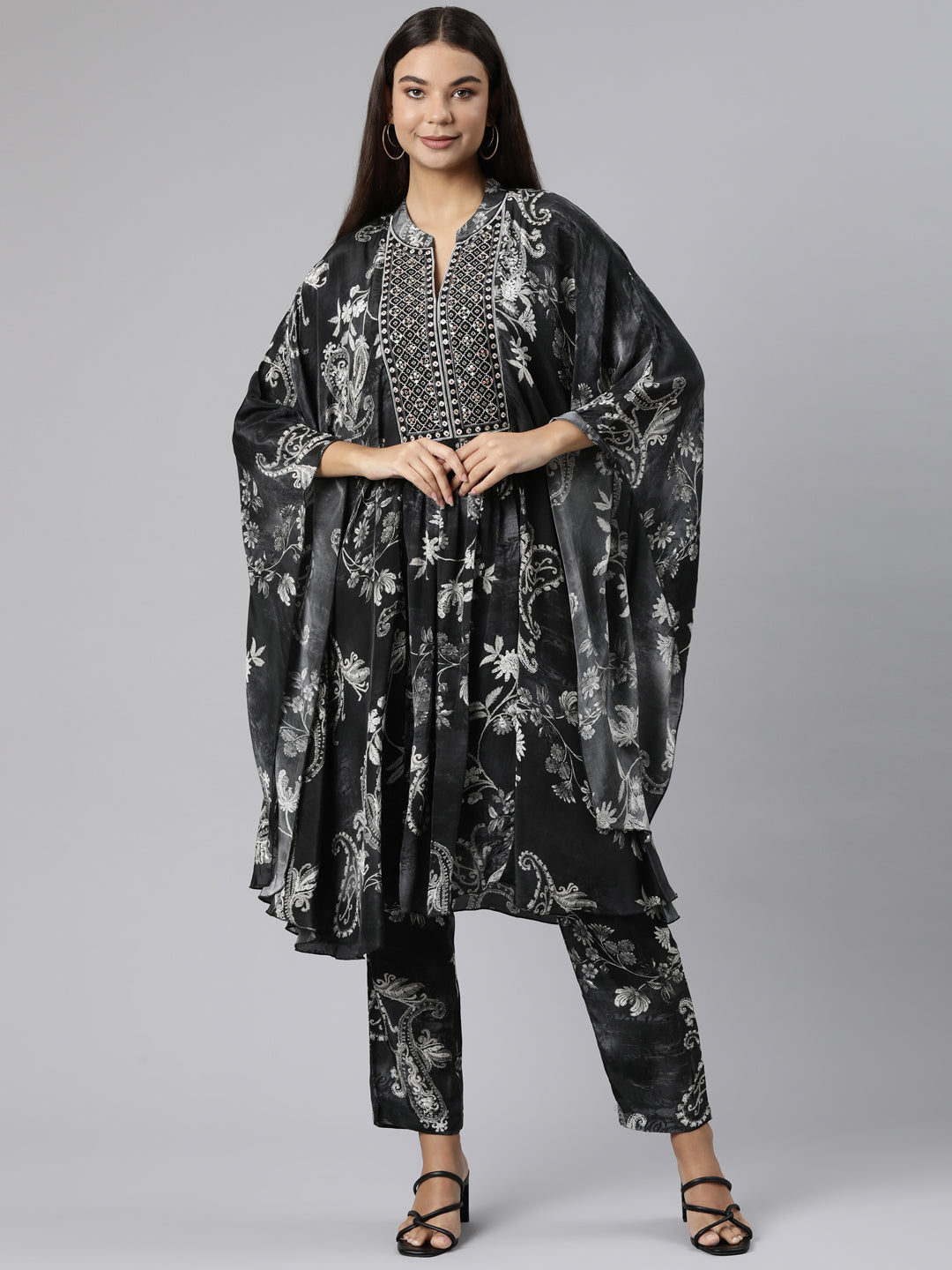 Neerus Grey crepe printed high-low co-ord set - front view