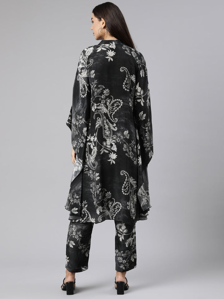 Neerus Grey crepe printed high-low co-ord set - side view