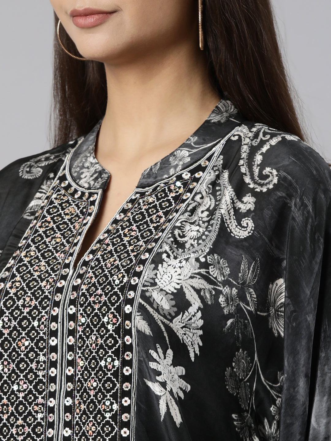 Neerus Grey crepe printed high-low co-ord set - detail view 1