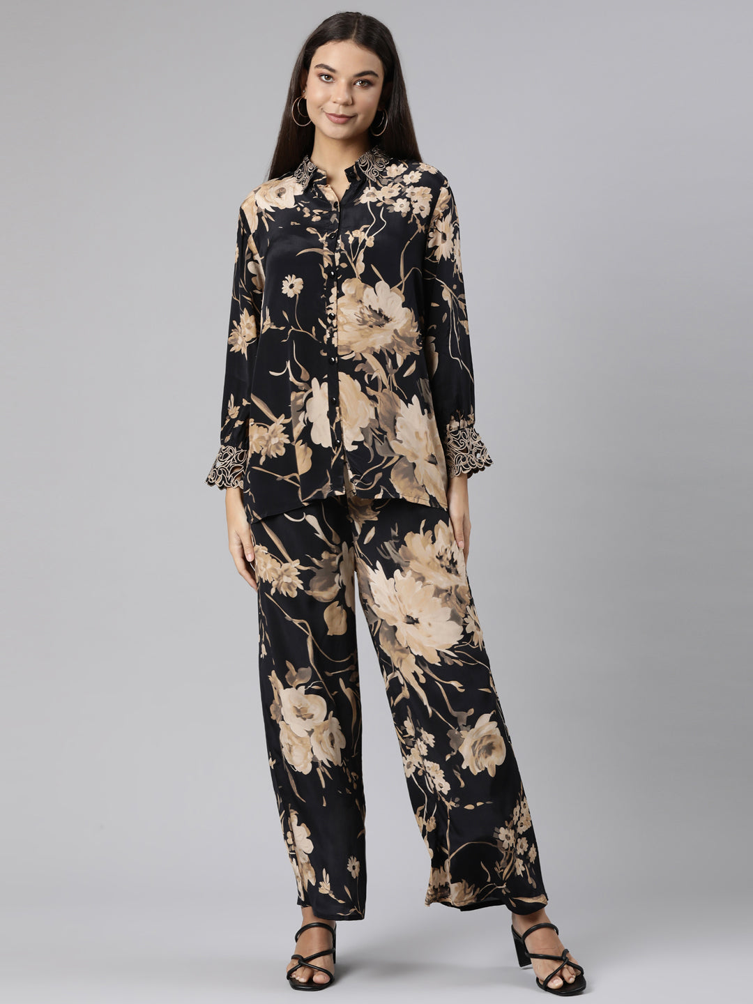 Neerus Black crepe printed co-ord set - front view