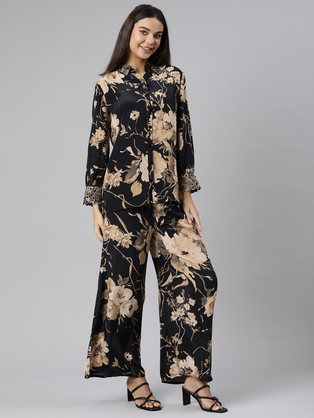 Neerus Black crepe printed co-ord set - back view