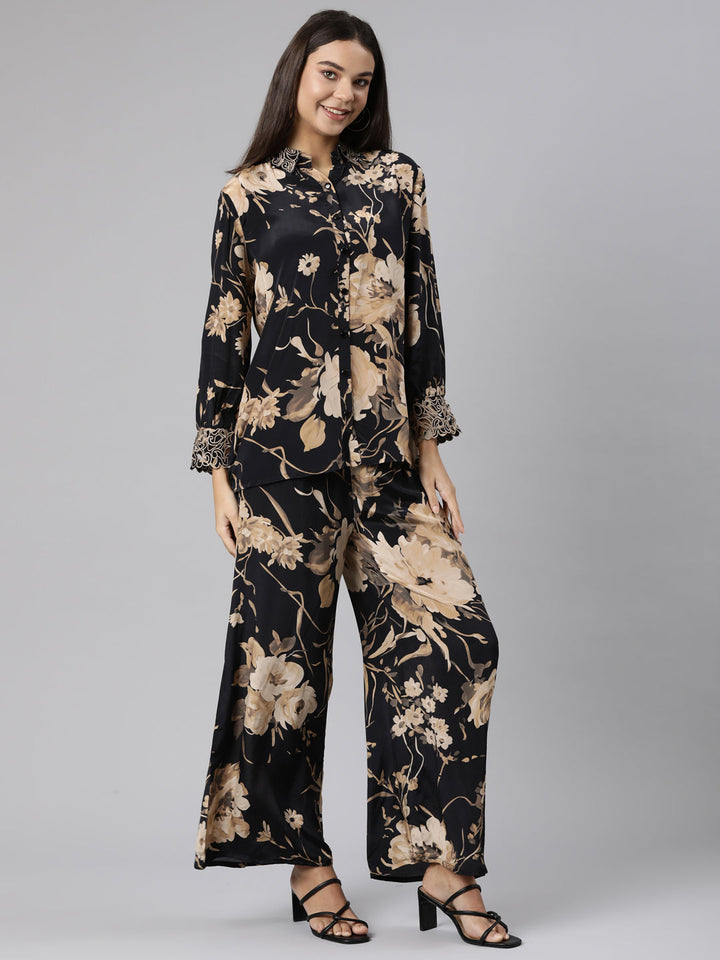 Neerus Black crepe printed co-ord set - back view