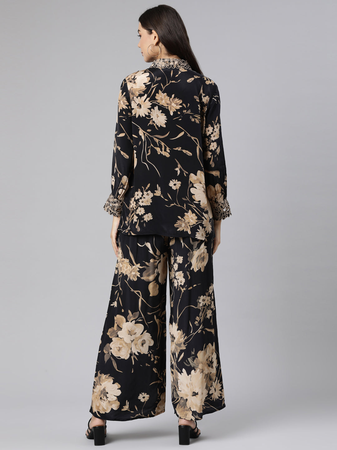 Neerus Black crepe printed co-ord set - side view