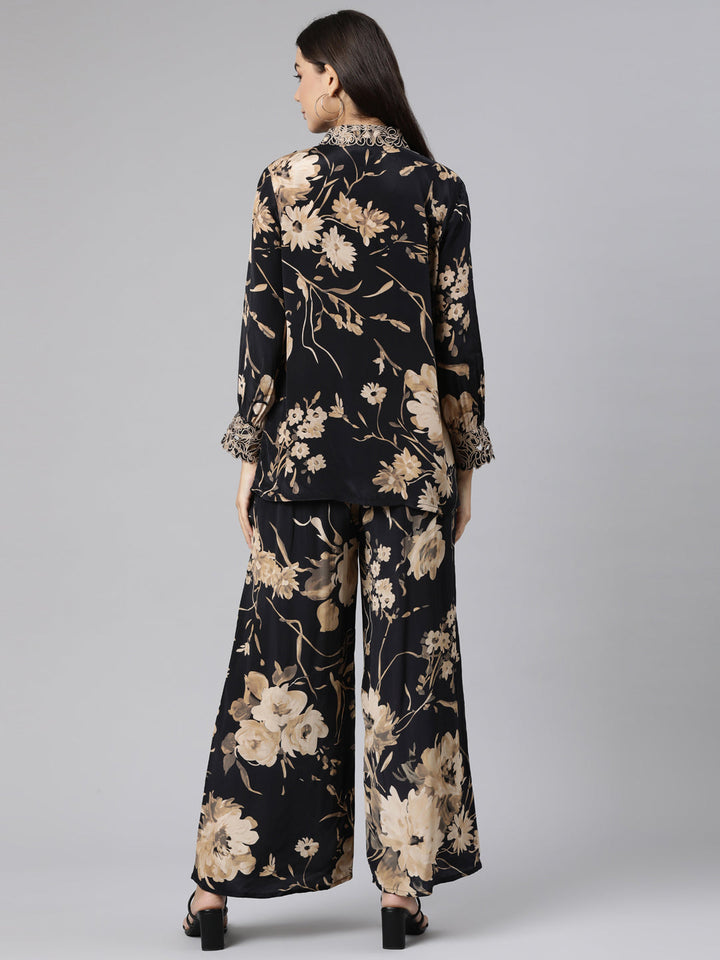 Neerus Black crepe printed co-ord set - side view