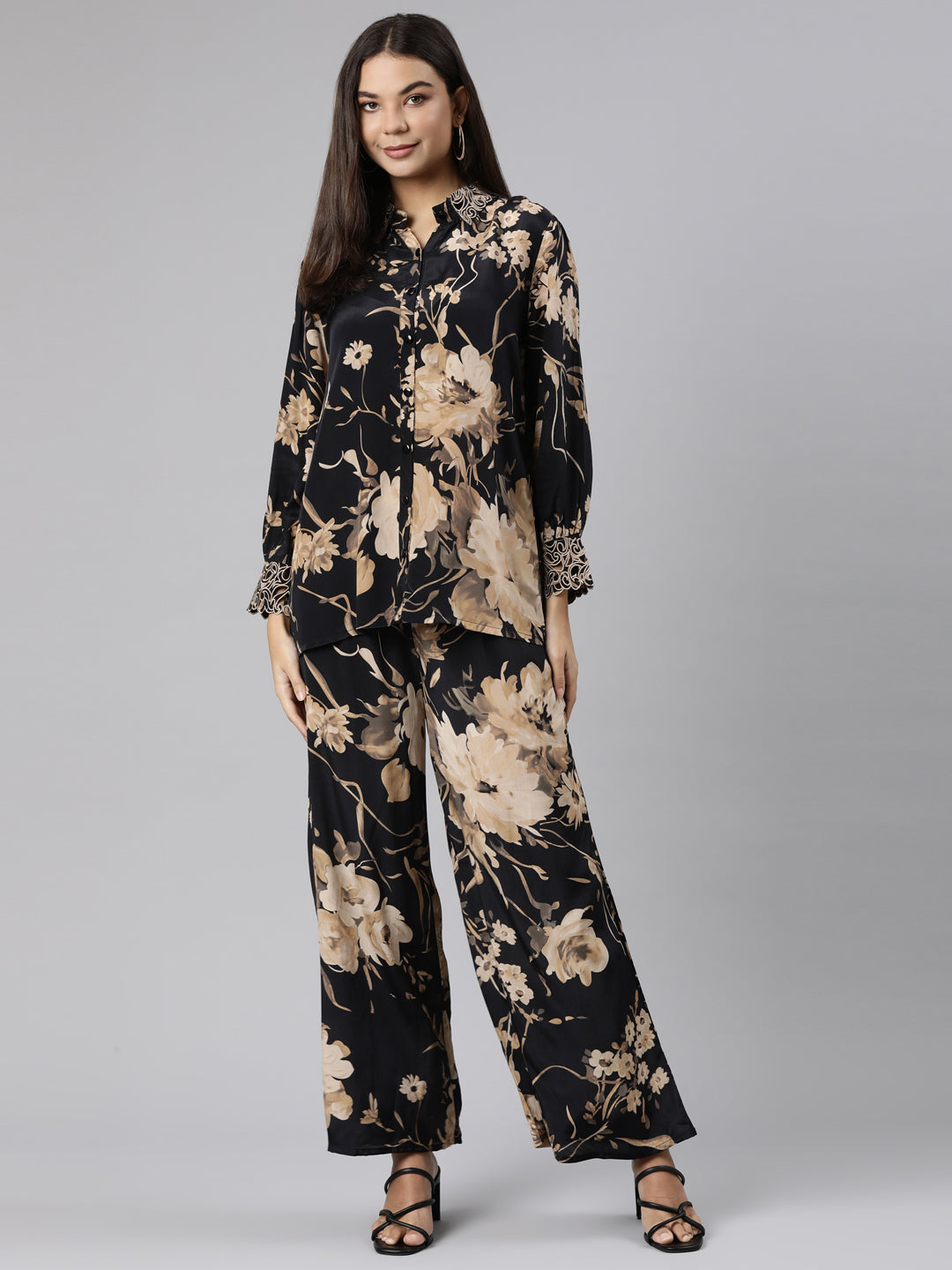 Neerus Black crepe printed co-ord set - detail view 2