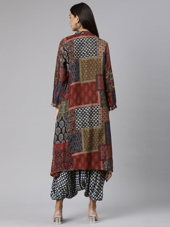 Neerus Multi Regular Straight Chevron Kurta And Veshti With Jacket