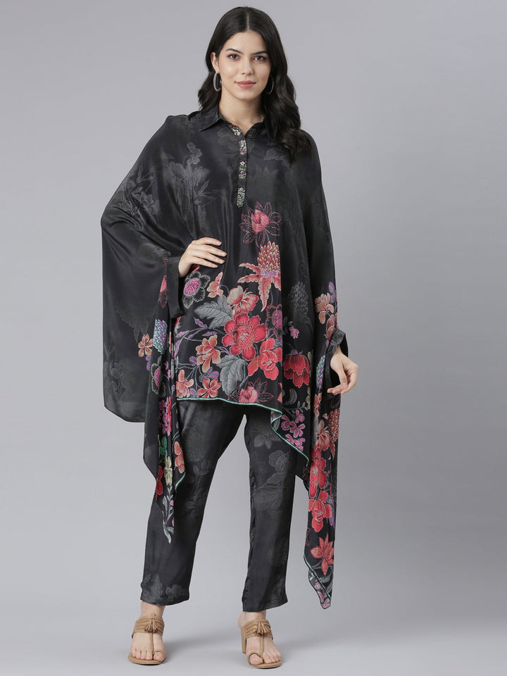 Neerus Black Regular High-Low Floral Kaftan Kurta Trousers
