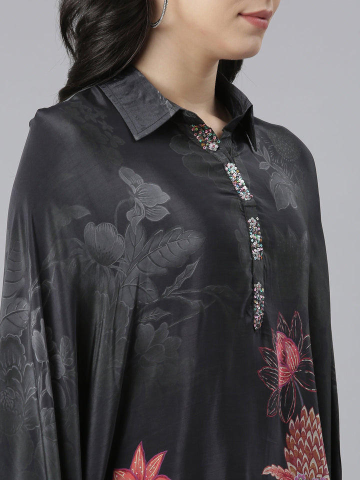 Neerus Black Regular High-Low Floral Kaftan Kurta Trousers