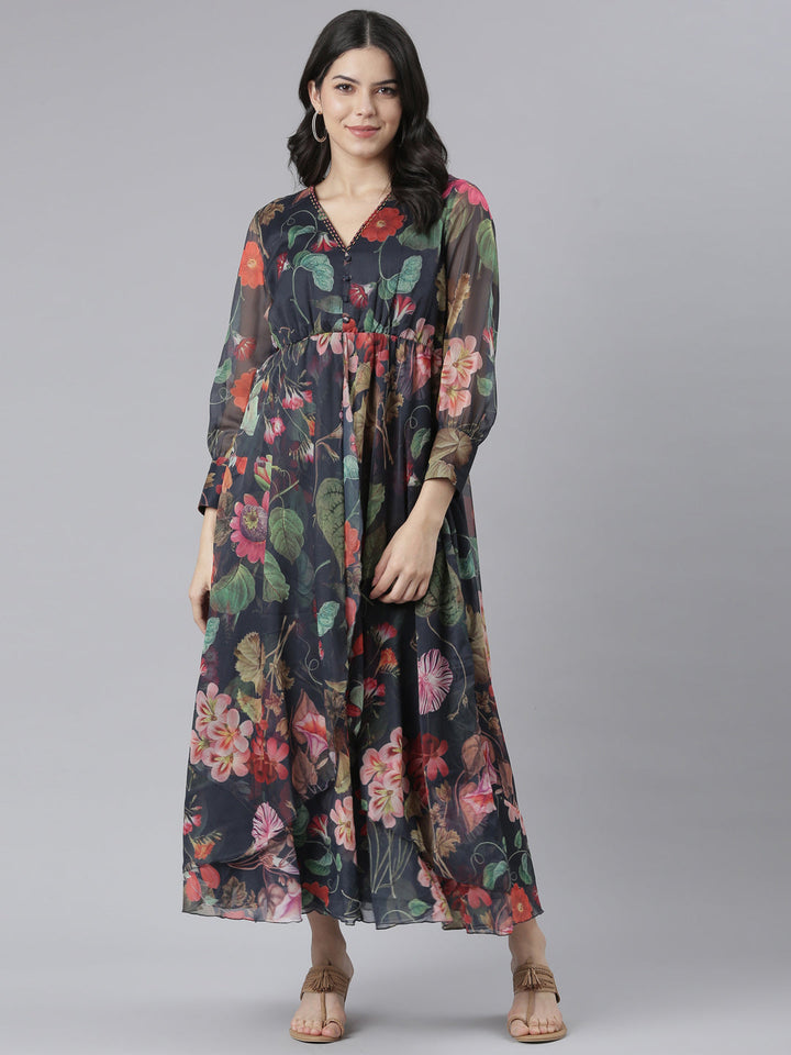 Neerus Blue crepe printed flared dress - front view