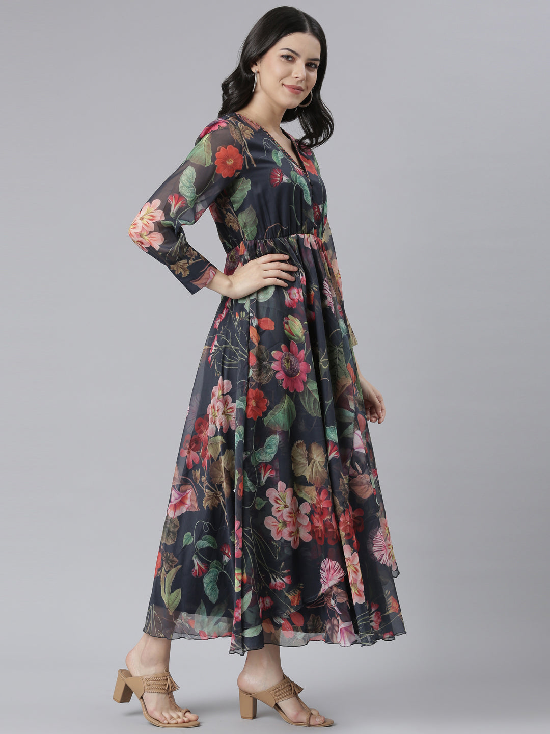 Neerus Blue crepe printed flared dress - back view