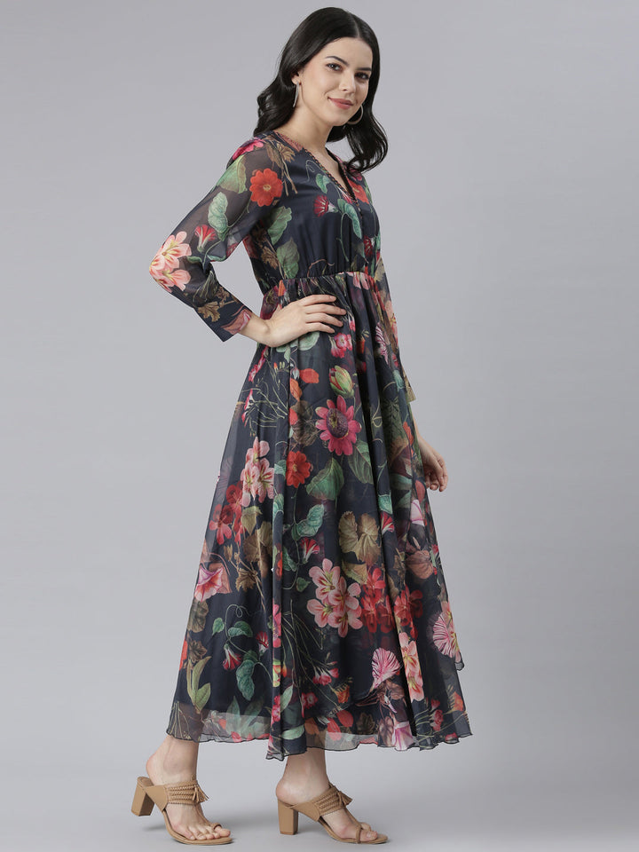 Neerus Blue crepe printed flared dress - back view