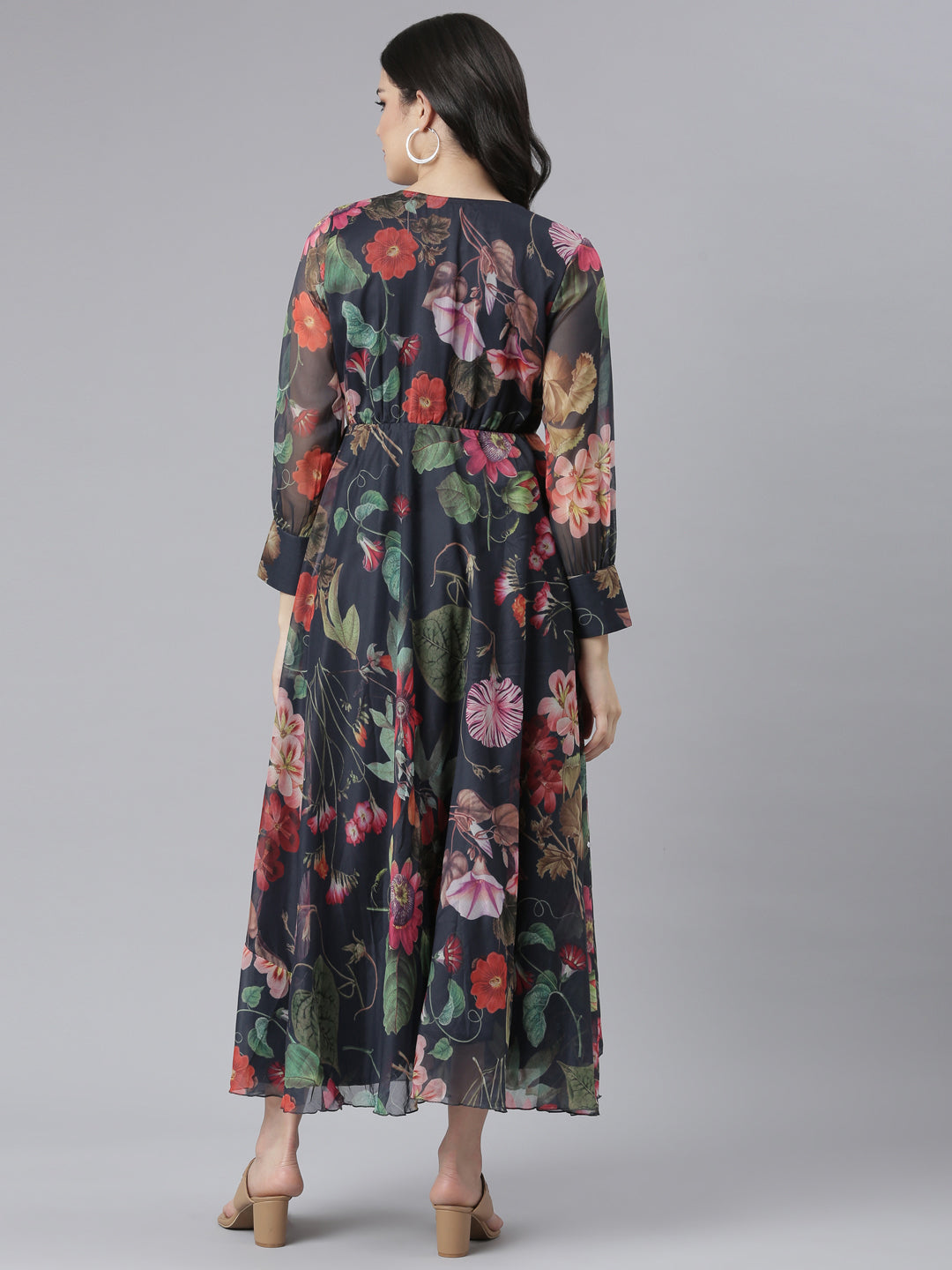 Neerus Blue crepe printed flared dress - side view