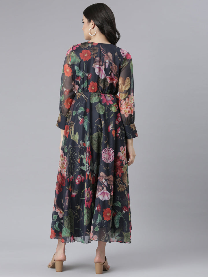 Neerus Blue crepe printed flared dress - side view