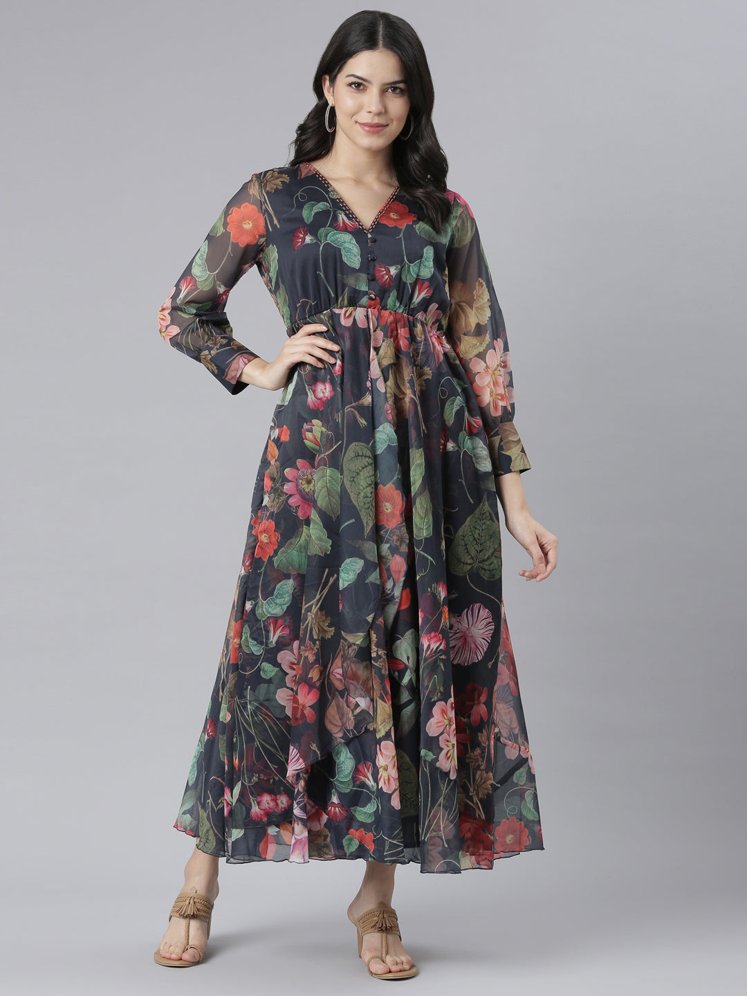 Neerus Blue crepe printed flared dress - detail view 3