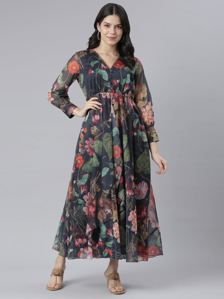 Neerus Blue crepe printed flared dress - detail view 3
