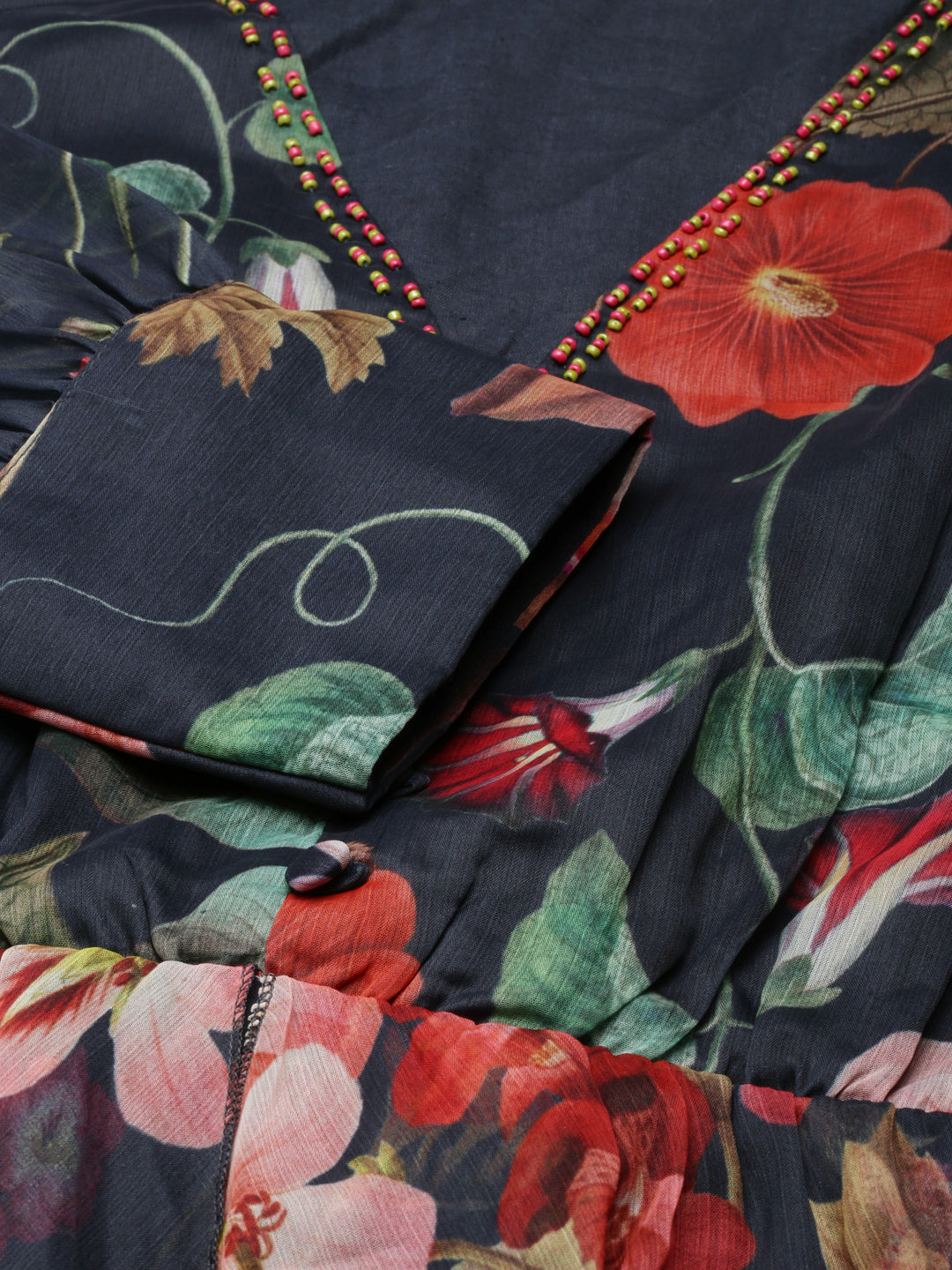 Neerus Blue crepe printed flared dress - detail view 1