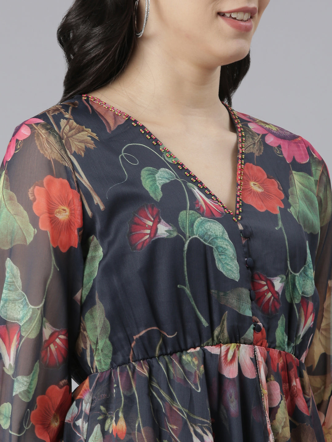 Neerus Blue crepe printed flared dress - detail view 2