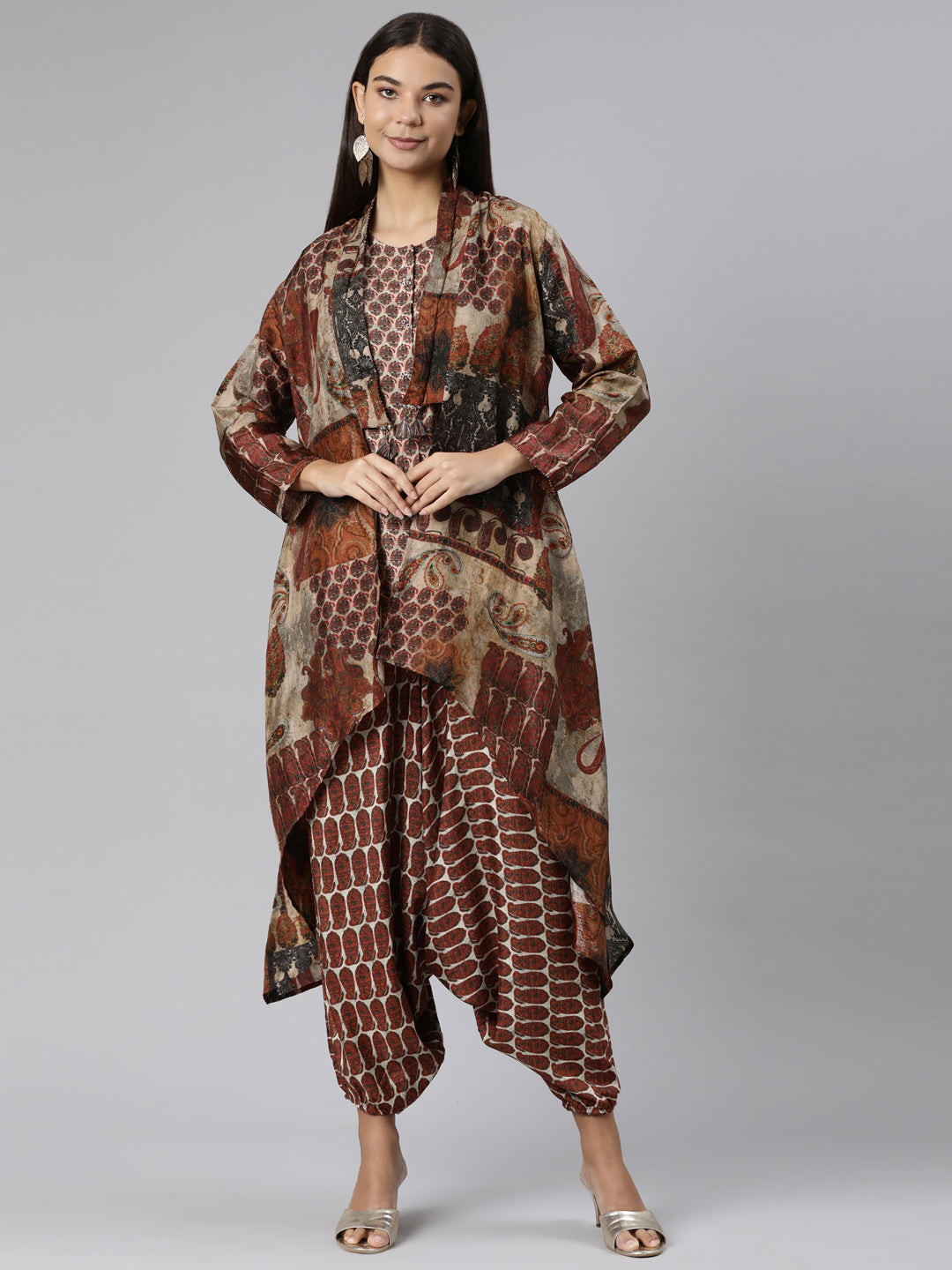 Neerus Brown raw silk woven co-ord set - front view