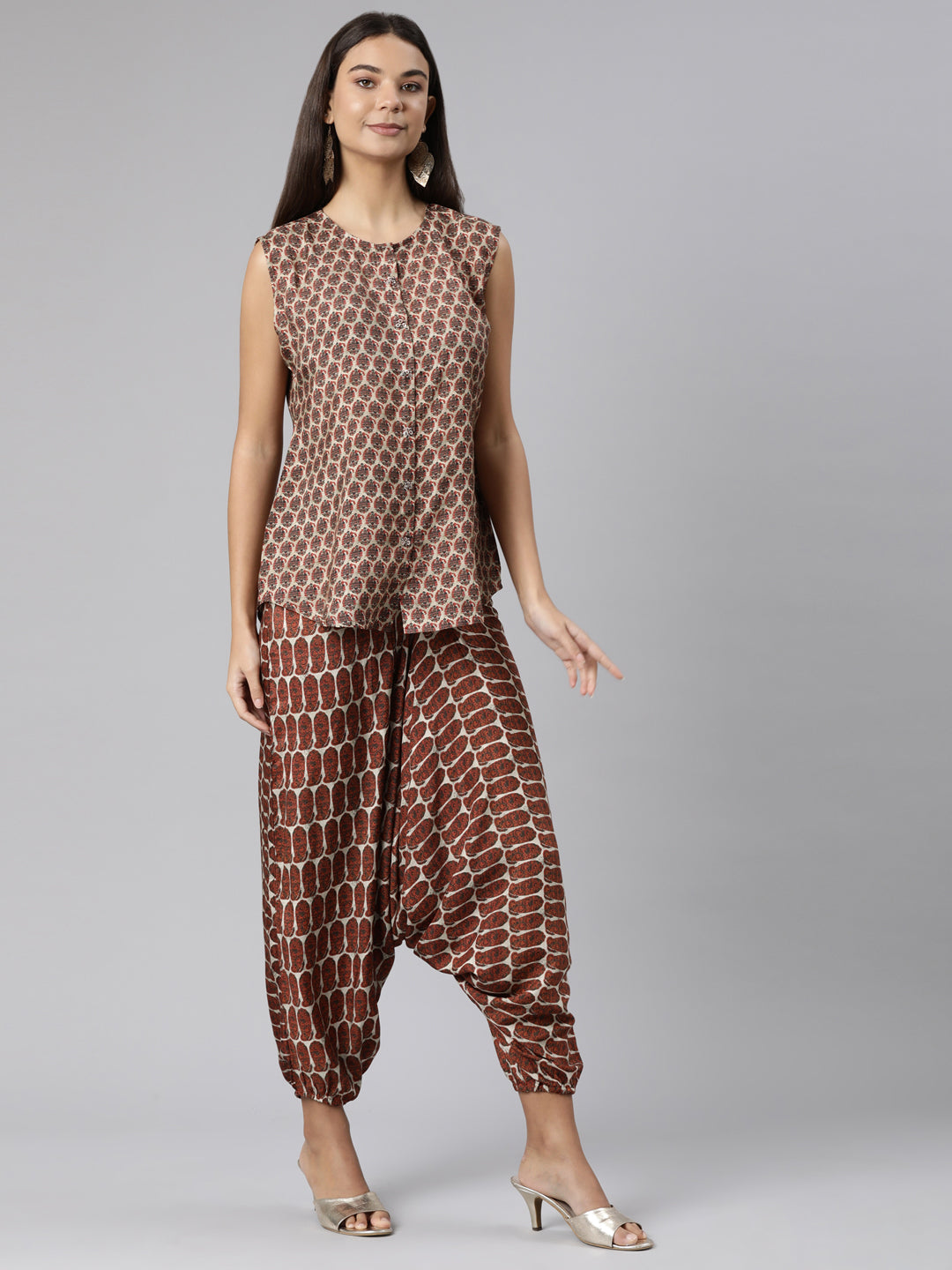 Neerus Brown raw silk woven co-ord set - back view