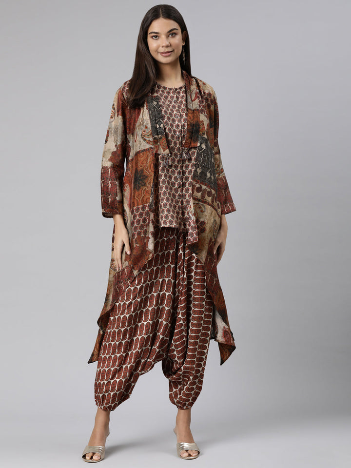 Neerus Brown raw silk woven co-ord set - detail view 3