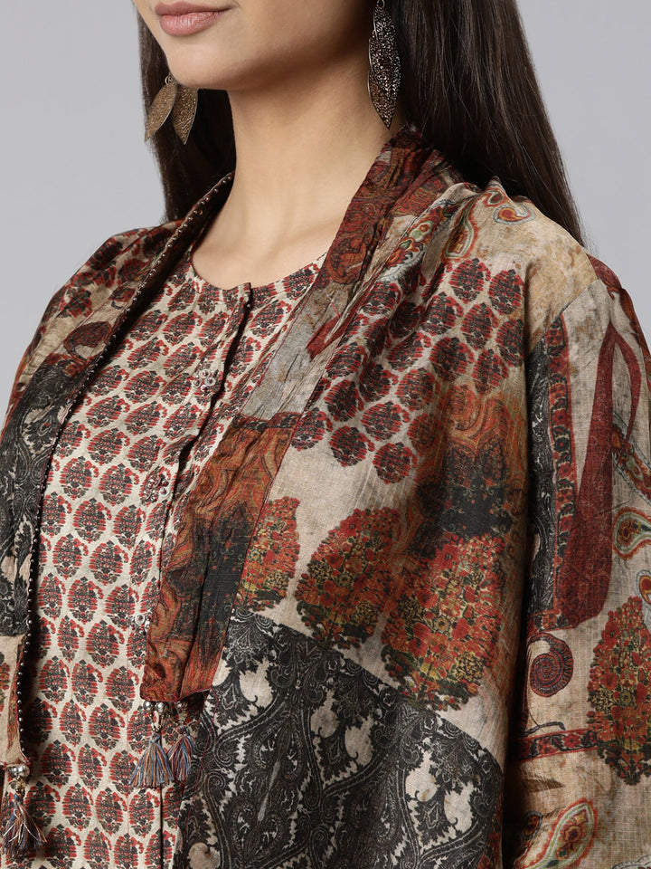 Neerus Brown raw silk woven co-ord set - detail view 1
