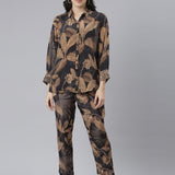 Neerus Black Regular Straight Abstract Top And Trousers